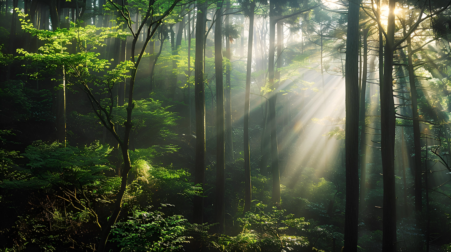 Sunlight streaming through misty forest